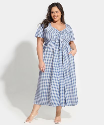 Image of CARCOS Plus Size Dresses for Curvy Women Tie Sweetheart Neck Summer Maxi Dress Short Sleeve Empire Waist Floral Boho Dress