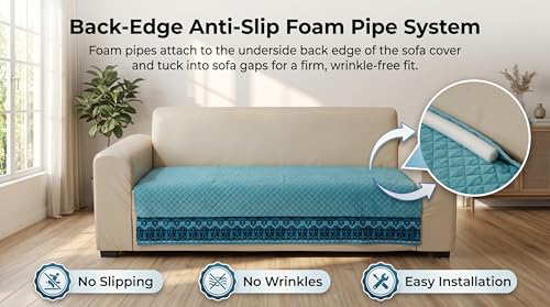 Image of KINGLY Sofa Cover 4 Seater Fully Covered | Stretchable Anti-Slip Slipcover | Washable Furniture Protector | Mint Blue | Set of 2 | Seat & Back |