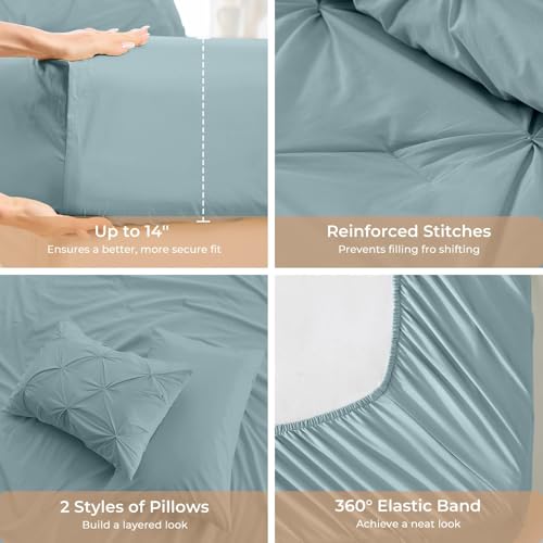 Image of Sasttie Queen Comforter Set, 7-Piece Bed in a Bag, Pintuck Bedding Sets for All Season, Includes Comforter, Flat Sheet, Fitted Sheet, Pillowcases and Pillowshams, Greylish Blue