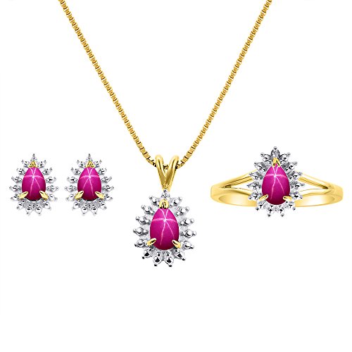 RYLOS Matching Jewelry For Women 14K Yellow Gold Diamond & Star Ruby Matching Earrings, Pendant Necklace and Ring Set - with 18" Chain 6X4MM Jewelry For Women Womens Jewelry Gold Jewelry