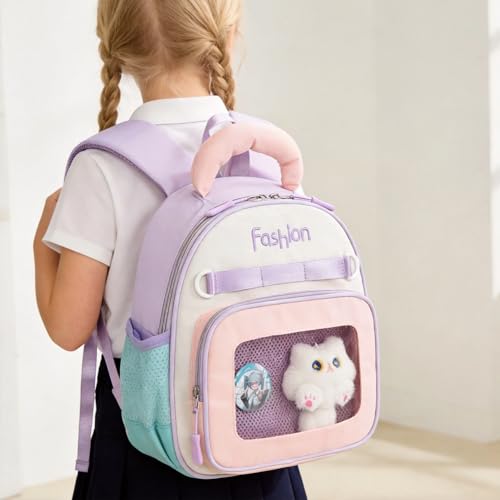 Mochila Sweet Color Block fofa com bolso transparente, leve para uso diário feminino, 27 x 24 x 13 cm, roxa