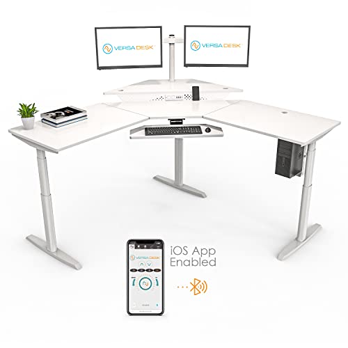 Image of VERSADESK 72 inch x 72 inch Electric L-Shaped Corner Standing Desk, Commercial Grade Height Adjustable Sit Stand Workstation, Ergonomic Computer Desk for Home Office, Black Frame, White Surface
