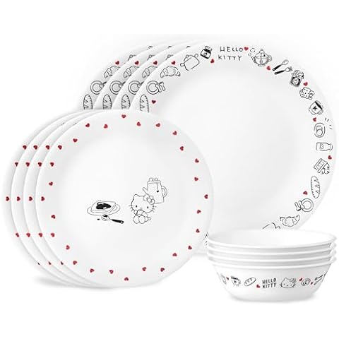 Corelle Vitrelle Hello Kitty 12-PC Dinnerware Set, Service for 3, Triple Layered Glass, Anti-Chip Durable Lightweight Plate and Bowl Set Cover
