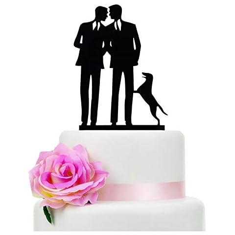 Jimhamhug Gay Wedding Cake Topper With Dog, Black Acrylic Silhouette Couple Groom and Groom Wedding/Aniversary/Engagement Party Engagement Cake Decoration Cover