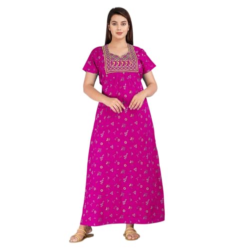 Image of Women's Pure Cotton Maxi Nighty, Jaipuri Embroidery Print, Short Sleeve Night Gown with Pocket