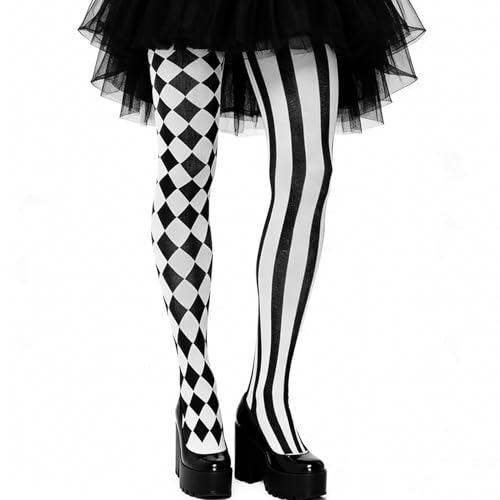 Harlekin Strumpfhose Damen Clown Strumpfhose Schwarz Weiß Zirkus Overknee Strümpfe Extra Lang Gestreift Karomuster Strumpfhosen Fasching Pierrot Harlekin Kostüm Damen für Karneval Mottoparty Cosplay
