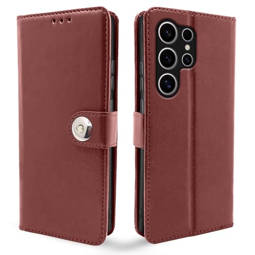 Image of Pikkme Samsung Galaxy S24 Ultra 5G Flip Cover Leather Finish | Inside TPU with Card Pockets | Wallet Stand and Shock Proof | Complete Protection Button Flip Case (Brown)