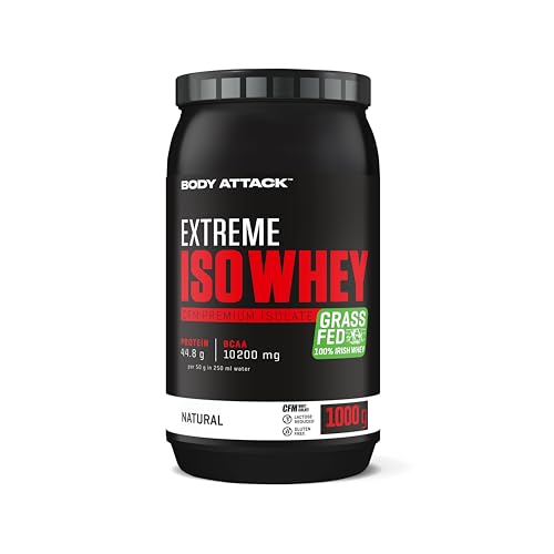 Body Attack Extreme Iso Whey, Neutral, 1 kg, CFM Whey Protein Isolat aus 100% irischer Weidemilch, glutenfrei, reich an EAAs, perfekt löslich, fettarm, ohne Aspartam, 90,6% Isolat-Anteil