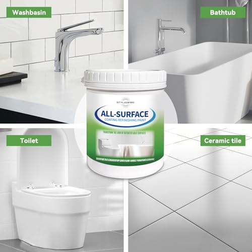 styleonme Waterbased Tile Paint White, 50-60sq.ft, Bathtub Washbasin Toilet Ceramic Tile and Kitchen Countertop Refinishing, Odorless and Non-Toxic Heavy Glaze Epoxy Resin Coating (With tools)