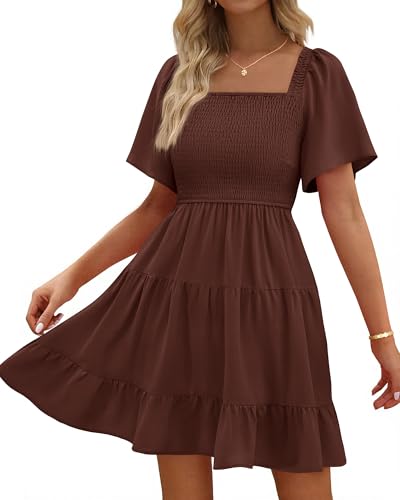 Image of BTFBM Womens Summer Smocked Mini Dress Spring Square Neck Flutter Sleeve Casual Ruffle Swing Boho Beach Dresses Pockets