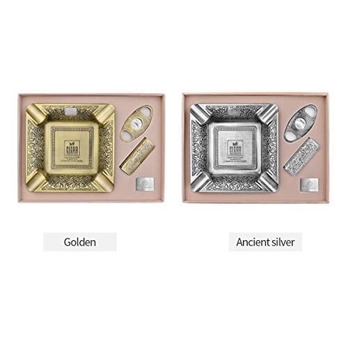 Cigarloong Cigar Ashtray Set 3 Piece Classic Carved With Sharp Cigar Cutter And Windproof Cigar Lighter Gift Set(Color:gold1) #TOP4