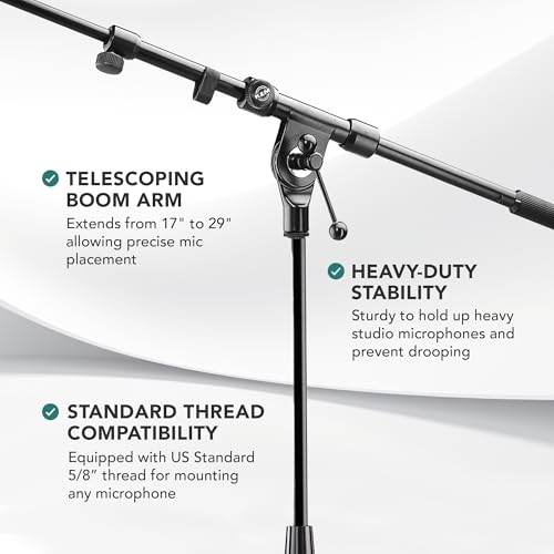 Image of K&M Konig & Meyer 21090.500.55 Tripod Microphone Stand - Adjustable Telescoping 2-Piece Boom Arm - Professional Grade - Heavy Duty with Folding Leg Base - German Made Black