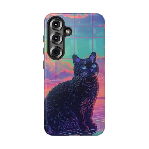 Coque Samsung S25 chat noir fluo rigide et brillante au reflet coloré