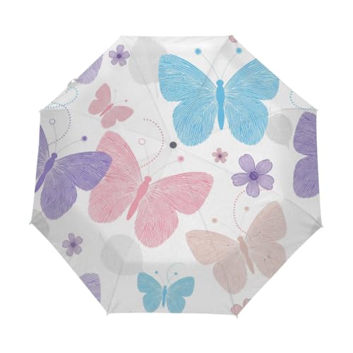 Reise-Regenschirm für Regen – Bunte Fingerabdruck-Schmetterlinge, winddicht, kompakt, automatisch, umgekehrt, zusammenklappbar, Regenschirme für Kinder und Frauen, kleiner niedlicher Regenschirm für