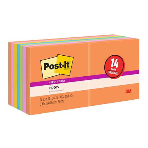 Image of Post-it Super Sticky Notes, Energy Boost Collection, 1260 Total, 3 in x 3 in (76 mm x 76 mm), 14 Pads /Pack, 90 Sheets /Pad, 2X Sticking Power, Recyclable, Assorted Bright Colors