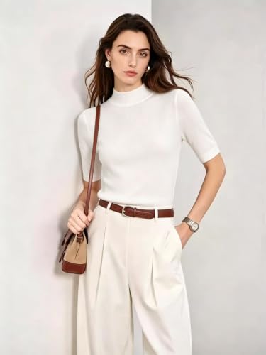 Image of Short Sleeve Mock Neck Turtleneck Sweater Tops Knit T Shirts Capsule Wardrobe Essentials