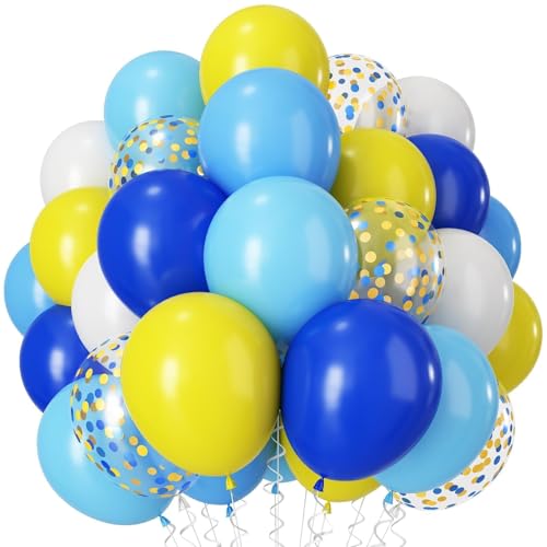 Image of Blue Yellow Balloons, 12Inch Dark Light Blue Yellow and White Latex Balloon with Confetti Helium Balloon for Boy Birthday Nautical Baby Shower Graduation Sports Ocean Sky Cartoon Theme Party Decor