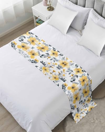Yellow Floral Spring Bed Runner for King Size, Summer Botanical Gray Elegant Bedspread Protector Slipcover Bed Scarf for Foot Runners & Scarves for Bedroom Hotel Wedding Room 102x20 Inches