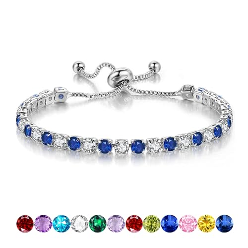 Birthstone Bracelet for Women, Silver Tennis Bracelets with Cubic Zirconia Adjustable Slider Bracelet Birthday Mother's Day Graduation Gifts for Her Mom Wife Girlfriend