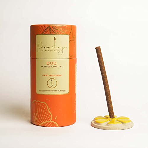 Nirmalaya Premium Oud Bamboo-Less Dhoop Sticks | 100% Natural Organic | 40 Sticks with Ceramic Stand | Long-Lasting and Soothing fragrances for Pooja, Meditation, Yoga and Aromatherapy