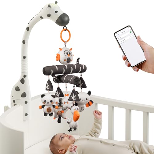TUMAMA Jouet mobile pour lit bébé 0-3-6-9 mois, jouet pour lit bébé à contraste élevé avec veilleuse projecteur, musique, bruit blanc. Jouet suspendu en peluche...