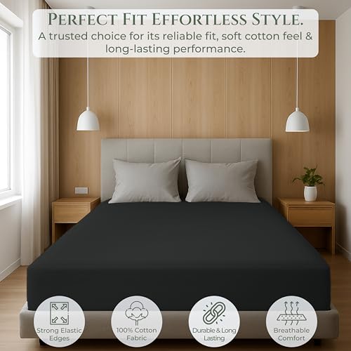 Image of Royale Linens 100% Organic Cotton Twin Fitted Sheet Only - Percale Weave - Super Soft Deep Pocket Bottom Sheets - Black Elastic Sheet - Twin Size Fitted Sheets Only - (39 inchx75 inch+15 inch, Black)