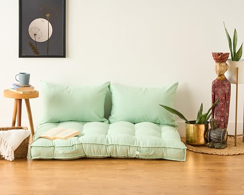 Image of SKANDA FAB Low Seating Cushion -100% Cotton Twill, Hand-Plotted Microfiber Filling, Floor Cushion with 2 Back Support Cushions - Ideal for Living Room, Balcony, Lounge- 80x120 Sage Green (Pack of 1)