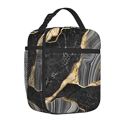 Yetta Yang Marble Black And White Gold Portable Lunch Bag Insulated Lunch Box Reusable Totes For Women Men Work Picnic Camping #TOP2