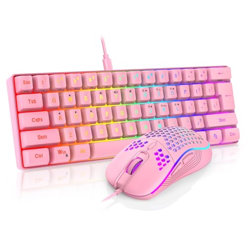 Image of RedThunder 60% Gaming Keyboard and Mouse Combo, Ultra-Compact 61 Keys RGB Backlit Mini Keyboard, Lightweight 7200 DPI Honeycomb Optical Mouse, RGB Wired Gaming Set for PC MAC PS5 Xbox Gamer(Pink)