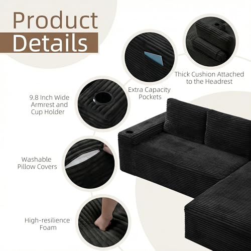 Image of 104 inch L Shaped Boneless Sectional Couches for Living Room, Comfy Corduroy Floor Cloud Sofa with Chaise and Cup Holder, Wide Armrest, Deep Seat, Assembly Free, Ideal for Small Spaces, Black