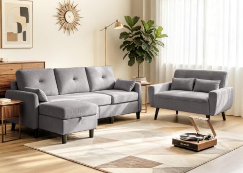 Portaforta 3PCS Sectional Sofa Set, Convertible Sofa & Loveseat & Storage Ottoman, 3 Seat L Shaped Couch with Side Pockets, Modern Couches for Living Room, Office, Apartment, Light Grey