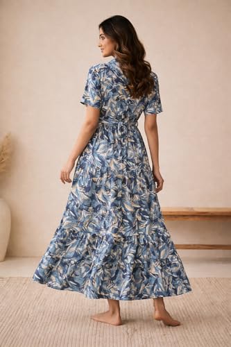 Image of Bollyclues Women's Crepe Fabric Printed Maxi Dress for Women| Lightweight, Breathable & Flowy | Short Sleeve Button-Down Casual Dress with Waist Tie | Stylish Summer & Vacation Wear