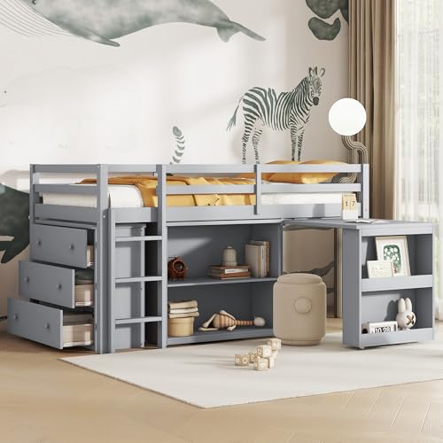 GDFStudio Twin Loft Bed with Pull-Out Desk,Drawer Cabinet & Shelf Cabinet,Rubber Wood Kids Loft Bed with Safety Guardrail and Ladder,Space-Saving Study Lofts with Storage for Children Bedroom,Grey by GDFStudio - Used condition - Image 4