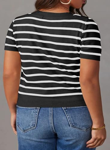Image of Eytino Women Plus Size Sweater Tops Short Sleeve Crewneck Striped Tshirts Casual Summer Blouses Shirts(1X-5X)