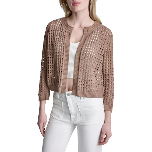 DKNY Women's Long Sleeve Open Stitch Cardigan, Woodsmoke, Large