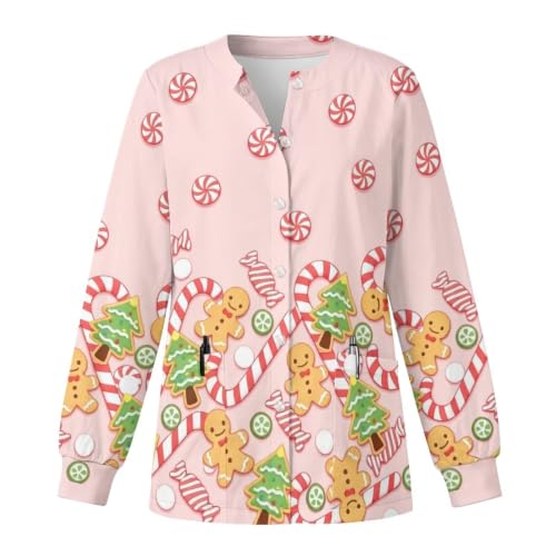 Xarleslyna Gingerbread Christmas Print Pediatric Scrub Jacket for Women