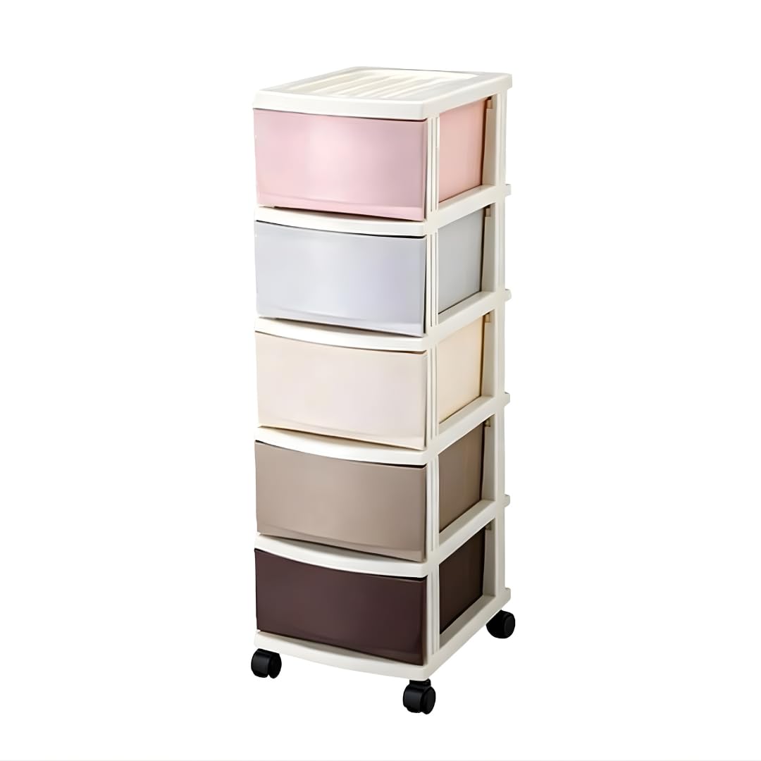 5-Layer Plastic Storage Drawers Cabinet with Wheels Multicolor – Durable Multi-Purpose Organizer for Clothes, Toys, Office and Home Use