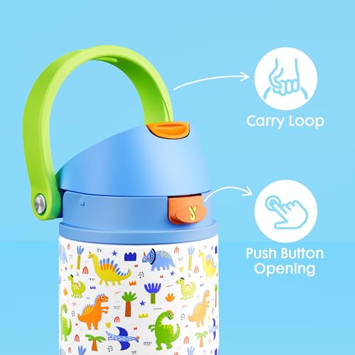 Image of 18 oz Insulated Water Bottle for Sports: Meoky Stainless Steel Kids Water Bottle with 2-in-1 Straw and Spout Lid - Leak Proof, Fits in Car Cup Holder, BPA-Free for School Gym Travel, Dinosaur Party