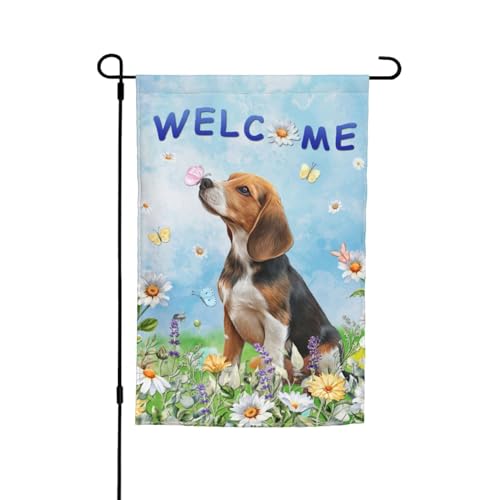 Spring Beagle Summer Puppy Dog Butterfly Daisy Seasonal Garden Flag 12×18 Inch Double Sided Vertical Decoration Yard Small Flag For Outside Holiday Seasonal Outdoor