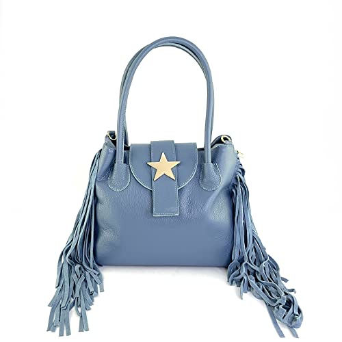 Sac à bandoulière en cuir véritable bleu avec poignées et bandoulière réglable