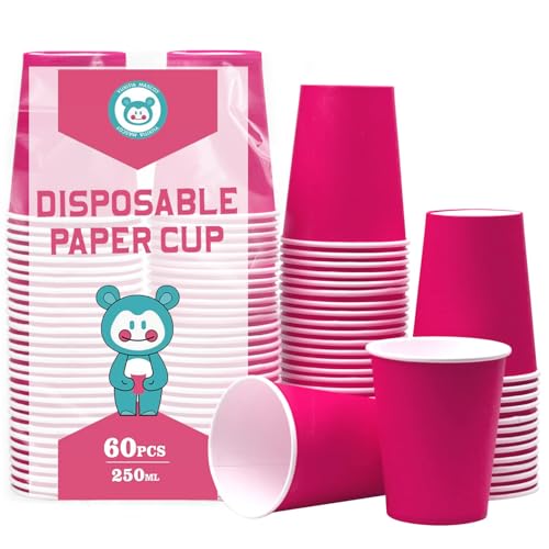Yuxitia Disposable Paper Cups, 60pcs Pink Paper Cups for DIY Wedding Party Picnic BBQ Travel and Event 8OZ (Hot Pink)