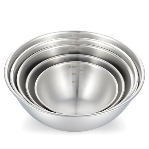 AOZUO Stainless Steel Mixing Bowls Set of 5, Thicker Stainless Steel Flat Bottom Nesting Metal Mixing Bowls for Cooking, Baking, Serving, Food and Salad Prep, Dishwasher Safe