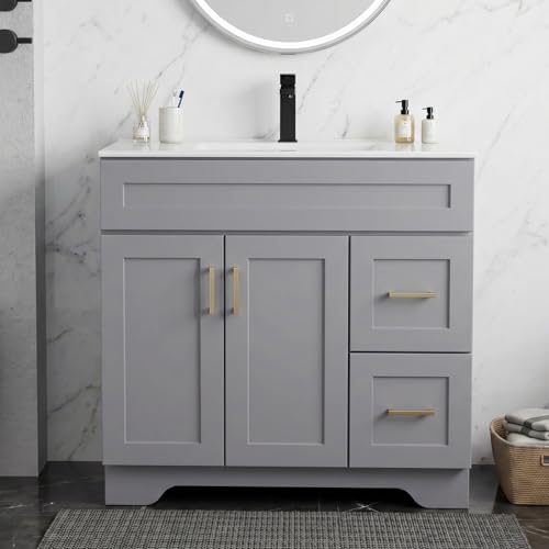 36" Bathroom Vanity with Sink, Freestanding Bathroom Sink Cabinet, Grey