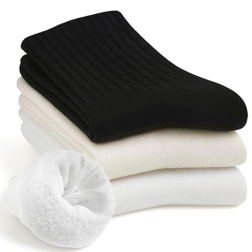 Vin Beauty Thick Cotton Socks for Women, Hiking Thermal Warm Autumn Winter, Comfy, Slouch Crew, Cozy, Warm Athletic Socks, Crew Cushion Work Socks, 3 Pairs, Black & White & Beige