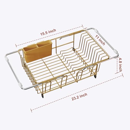 Image of JASIWAY Gold Dish Drying Rack in Sink, Dish Drainer with Utensil Holder