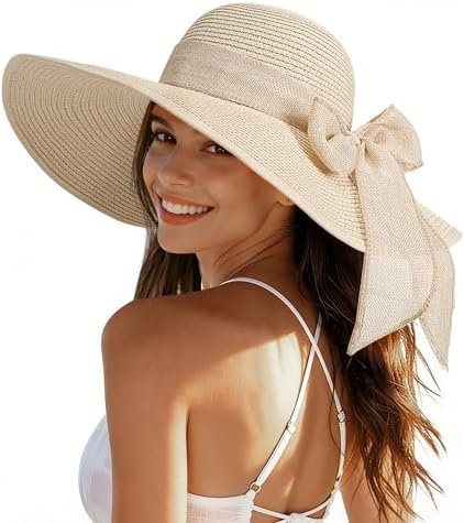 Beach Sun Straw Hats for Women, Wide Brim UPF 50+ UV Sun Protection Summer Straw Hat Packable Foldable Roll up Cap