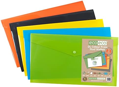 eco-eco A6 50% Recycled Assorted Colours Press Stud Popper Wallet, Plastic Folders (Pack of 5), eco078