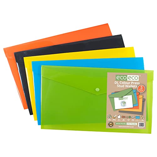 eco-eco DL 50% Recycled Assorted Colours Press Stud Popper Wallet, Plastic Folders (Pack of 10), Green, Black, Blue, Yellow, Orange, eco079x2 - Image 2