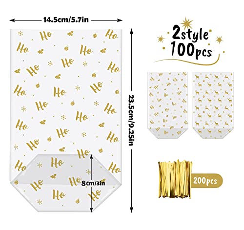 Sweelov Cellophantüten mit boden, 100 Stücke Gold Rentiermotiv & HOHO OPP Kreuzbodenbeutel mit 100 Band, Wiederbefüllbar Zellophantüten für Süßigkeiten Kekse Gebäck Weihnachten, 235x145mm celofantüten