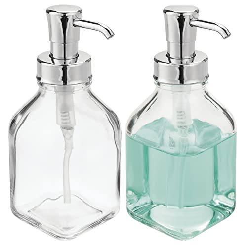 mDesign Square Glass Refillable Liquid Soap Dispenser Pump Bottle for Bathroom Vanity Countertop, Kitchen Sink - Holds Hand Soap, Dish Soap, Hand Sanitizer, Essential Oils - 2 Pack - Clear/Chrome